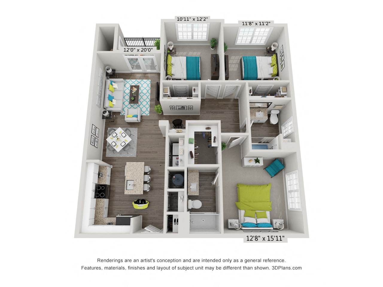 Floor plan for 3 beds, 2 baths, 1306 sqft